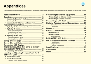 Page 71
AppendicesThis chapter provides information on maintenance procedures to ensure the best level of performance from the projector for a long time to come.Installation Methods ........................................... 72
Cleaning............................................................... 73
• Cleaning the Projectors Surf ace .....................................73
 Cleaning the Lens ... ...........................................................73
 Cleaning the Air Filter and  Air Intake Vent...