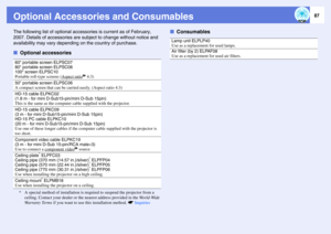 Page 8787
Optional Accessories and ConsumablesThe following list of optional accessories is current as of February, 
2007. Details of accessories are subject to change without notice and 
availability may vary depending on the country of purchase. fOptional accessories
* A special method of installation is required to suspend the projector from a 
ceiling. Contact your dealer or the nearest address provided in the World-Wide 
Warranty Terms if you want to use this installation method. sInquiries
fConsumables
60...