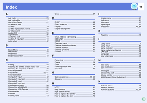 Page 98
98
IndexA
A/V mute  ............................................................. 23
A/V mute slide  ....................................................... 7
Abs. Color Temp.  ................................................ 41
Air exhaust vent  .................................................... 7
Air filter  .................................................................. 9
Air filter replacement period  ................................ 78
Air intake vent...