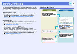 Page 2020
Before ConnectingAs well as projecting images from a computer via a network, you can 
also monitor and control the status of the projector from a computer by 
connecting in the advanced mode. 
• Mail Notification Function 
By using the mail notification function, notification messages will be 
sent to preset e-mail addresses when a problem occurs with a 
projector.  sUsing the Mail Notification Function to Report 
Problems
 SNMP Function 
By using the SNMP function, notification messages will be sent...