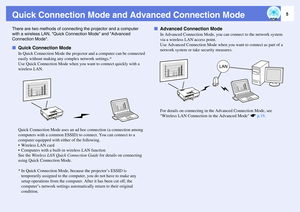 Page 55
Quick Connection Mode and Advanced Connection ModeThere are two methods of connecting the projector and a computer 
with a wireless LAN, Quick Connection Mode and Advanced 
Connection Mode.fQuick Connection Mode
In Quick Connection Mode the projector and a computer can be connected 
easily without making any complex network settings.*
Use Quick Connection Mode when you want to connect quickly with a 
wireless LAN.
Quick Connection Mode uses an ad hoc connection (a connection among 
computers with a...