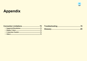 Page 74AppendixConnection Limitations ...................................... 75
 Supported Resolutions ......................................................75
 Display Colour ...................................................................75
 Connection Number ..........................................................75
 Others .................................................................................75
Troubleshooting .................................................. 76
Glossary...