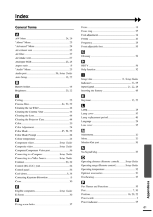 Page 6361
Appendices
Index
General Terms
A/V Mute ............................................................. 24, 29
About Menu ............................................................ 25
Advanced Menu ...................................................... 24
Air exhaust vent ......................................................... 55
Air filter...................................................................... 57
Air intake vent ............................................................ 57...