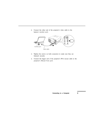 Page 252.Connect the other end of the projector’s video cable to the
laptop’s monitor port.
3.Tighten the screws on both connectors to make sure they are
fastened securely.
4.Connect the bigger end of the projector’s PS/2 mouse cable to the
projector’s Mouse/Corn port.Connecting to a Computer9 