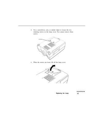 Page 603.Use a screwdriver, coin, or similar object to loosen the two
retaining screws on the lamp cover. You cannot remove these
screws.
4.When the screws are loose, lift off the lamp cover.Replacing the Lamp45 