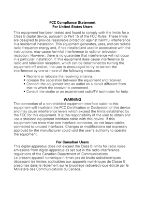 Page 107 
FCC Compliance Statement
For United States Users  
This equipment has been tested and found to comply with the limits for a 
Class B digital device, pursuant to Part 15 of the FCC Rules. These limits 
are designed to provide reasonable protection against harmful interference 
in a residential installation. This equipment generates, uses, and can radiate 
radio frequency energy and, if not installed and used in accordance with the 
instructions, may cause harmful interference to radio or television...