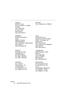 Page 98 
World-Wide Warranty Terms 
               
80 
FRANCE :
EPSON France,
68 bis rue Marjolin, F-92300
Levallois,
Tech. Help Desk:
01.49.61.33.95 
Web Address: 
http://www.epson.frIRELAND :
Tech. Help Desk: 01.6799016
GERMANY :
EPSON Deutschland
GmbH
Zülpicher Straße 6
40549 Düsseldorf
Tech. Help Desk: 01805 234182
Web Address: 
http://www.epson.deITALY :
EPSON Italia s.p.a.
Assistenza e Servizio Clienti
Viale F. Lli Casiragi, 427
20099 Sesto
San Giovanni (MI)
Tech. Help Desk: 02.29400341
Web...