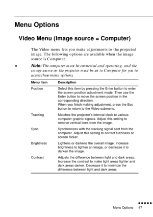 Page 63Menu Options
          
47
Menu Options
Video Menu (Image source = Computer)
The Video menu lets you make adjustments to the projected 
image. The following options are available when the image 
source is Computer.
♦Note: The computer must be connected and operating, and the 
image source on the projector must be set to Computer for you to 
access these menu options.
Menu item Description
Position Select this item by pressing the Enter button to enter 
the screen position adjustment mode. Then use...