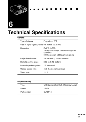 Page 85                                                                           
          
69
6
Technical Speciﬁcations 
General
Type of display Poly-silicon TFT
Size of liquid crystal panels 0.9 inches (22.9 mm)
Resolution EMP-713/703:
1024 (horizontal) x 768 (vertical) pixels
EMP-503:
800(horizontal) x 600(vertical) pixels
Projection distance 26-300 inch (1.1-13.8 meters)
Remote control range 32.8 feet (10 meters)
Internal speaker system 1W Monaural
Optical aspect ratio 4 : 3...