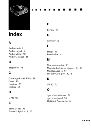 Page 93          
77
                                                                           
Index
A
Audio cable  9
Audio In jack  9
Audio Menu  50
Audio Out jack  25
B
Brightness  75
C
Cleaning the Air Filter  59
Color  49
Contrast  75
cooling  64
D
DAR  viii
E
Effect Menu  51
External Speaker  1, 25
F
Format  71
G
Glossary  75
I
Image  66
Installation  x, 1
M
Mac mouse cable  15
Macintosh desktop adapter  13, 17
Maintenance  x, 57
Mouse/Com port  8, 11
N
NTSC  75
O
operation indicator...