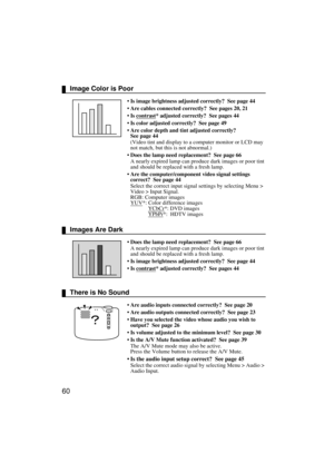 Page 6260
Image Color is Poor
 Is image brightness adjusted correctly?  See page 44
 Are cables connected correctly?  See pages 20, 21
 Is contrast
* adjusted correctly?  See pages 44
 Is color adjusted correctly?  See page 49
 Are color depth and tint adjusted correctly?  
See page 44
(Video tint and display to a computer monitor or LCD may 
not match, but this is not abnormal.)
 Does the lamp need replacement?  See page 66
A nearly expired lamp can produce dark images or poor tint 
and should be...