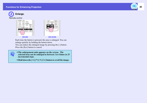 Page 30
Functions for Enhancing Projection
30
C
Enlarge.
 
Each time the button is pressed, the area is enlarged. You can 
enlarge quickly by holding the button down.
You can reduce the enlarged im age by pressing the [-] button.
Press the [Esc] button to cancel. 
Remote control
EB-W6 EB-X6/S6 
q
 The enlargement ratio appears on the screen. The  selected area can be enlarged  to between 1 to 4 times in 25 
incremental steps. 
 Hold down the [ ] [ ] [ ] [ ] button to scroll the image.   