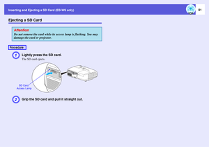 Page 81
Inserting and Ejecting a SD Card (EB-W6 only)
81
Ejecting a SD Card
A
Lightly press the SD card. The SD card ejects.
B
Grip the SD card and pull it straight out.
AttentionDo not remove the card while its  access lamp is flashing. You may 
damage the card or projector.
Procedure
SD Card 
 Access Lamp 