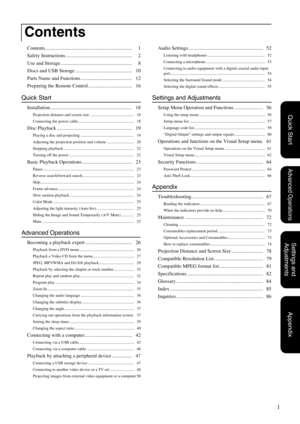 Page 31
Quick Start
Advanced Operations
Settings and 
Adjustments
Appendix
Contents..................................................................... 1
Safety Instructions ..................................................... 2
Use and Storage ......................................................... 8
Discs and USB Storage ............................................. 10
Parts Name and Functions ......................................... 12
Preparing the Remote Control ......................................