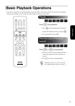 Page 2523
Quick Start
From here on, operations are explained primarily using the buttons of the remote control. You can also use the buttons 
with the same markings as those on the unit control panel to achieve the same effect.
Press   during playback.
•Press   on the operation panel. The play is 
paused and restarted each time you press  .
•To resume playback, press  .
Press   or   during playback.
•There are five levels of reverse/forward search 
speeds that change each time the buttons are 
pressed.
•Press...