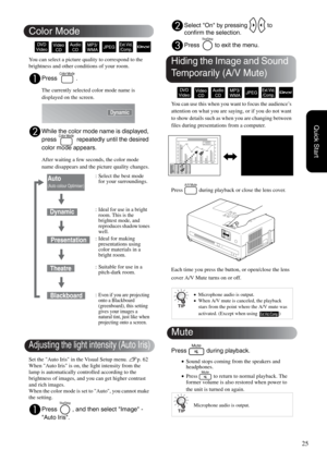 Page 2725
Quick Start
You can select a picture quality to correspond to the 
brightness and other conditions of your room.
APress .
The currently selected color mode name is 
displayed on the screen.
BWhile the color mode name is displayed, 
press   repeatedly until the desired 
color mode appears.
After waiting a few seconds, the color mode 
name disappears and the picture quality changes.
Set the Auto Iris in the Visual Setup menu. sp. 62
When Auto Iris is on, the light intensity from the 
lamp is...