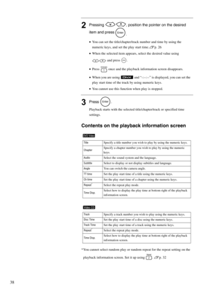 Page 4038
2Pressing  , position the pointer on the desired 
item and press 
.
•You can set the title/chapter/track number and time by using the 
numeric keys, and set the play start time.sp. 26
•When the selected item appears, select the desired value using 
 and press  .
•Press   once and the playback information screen disappears.
•When you are using   and “-:--:--” is displayed, you can set the 
play start time of the track by using numeric keys.
•You cannot use this function when play is stopped.
3Press ....