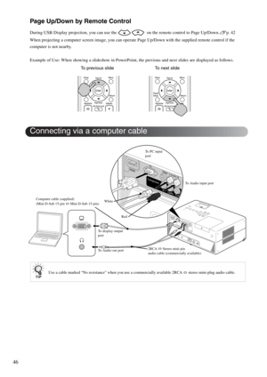 Page 4846
Page Up/Down by Remote Control
During USB Display projection, you can use the    on the remote control to Page Up/Down.sp. 42
When projecting a computer screen image, you can operate Page Up/Down with the supplied remote control if the 
computer is not nearby.
Example of Use: When showing a slideshow in PowerPoint, the previous and next slides are displayed as follows.
Use a cable marked “No resistance” when you use a commercially available 2RCA   stereo mini-plug audio cable.
To previous slide To...