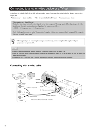 Page 5048
Aside from the built-in DVD player, this unit can project images by connecting to the following devices with a video 
output port.
- Video recorder - Game machine - Video device with built-in TV tuner - Video camera and others
Connecting with a video cable
Video equipment signal format
The kind of video signal that can be output depends on the video equipment. The image quality differs depending on the video 
signal format. Generally speaking, the order of quality of the image goes as follows.
1. HDMI...