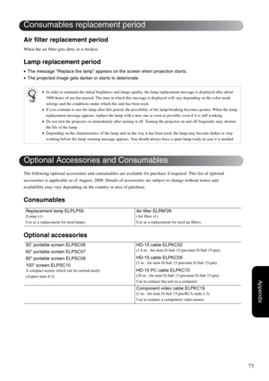 Page 7573
Appendix
Air filter replacement period
When the air filter gets dirty or is broken
Lamp replacement period
•The message “Replace the lamp” appears on the screen when projection starts.
•The projected image gets darker or starts to deteriorate.
The following optional accessories and consumables are available for purchase if required. This list of optional
accessories is applicable as of August, 2009. Details of accessories are subject to change without notice and
availability may vary depending on the...