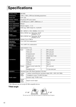 Page 8482
* The USB ports may not accept all USB-compatible devices.
Specifications
Product nameEB-W8D
Dimensions335W x 136H x 239D mm (Including projections)
Panel size0.59” wide
Display methodPolysilicon TFT active matrix
Resolution1,024,000 pixels (1,280W x 800H dots) x 3
Focus adjustmentManual
Zoom adjustmentManual (Approx.. 1:1.2)
Lamp (light 
source)UHE lamp, 200W, Model No.: ELPLP55
Power supply100 - 240VAC +/-10%, 50/60Hz, 3.5 to 1.5 A
Powe r  
consumption100 to 120VAC area Operating: 310 W
Standby: 0.3...