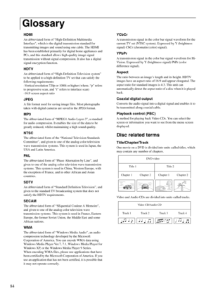 Page 8684
HDMI
An abbreviated form of High-Definition Multimedia 
Interface, which is the digital transmission standard for 
transmitting images and sound using one cable. The HDMI 
has been established primarily for digital home appliances and 
PCs, and this standard allows high-quality image signal 
transmission without signal compression. It also has a digital 
signal encryption function.
HDTV
An abbreviated form of “High-Definition Television system” 
to be applied to a high-definition TV set that can...