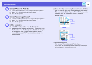 Page 32
Security Functions
32
B
Turn on Power On Protect. (1) Select Power On Protect, and then press the [Enter] button. 
(2) Select On, and then press the [Enter] button. 
(3) Press the [Esc] button. 
C
Turn on Users Logo Protect.  (1) Select Users Logo Protect, and then press the [Enter] button.
(2) Select On, and then press the [Enter] button. 
(3) Press the [Esc] button. 
D
Set the password. (1) Select Password, and then press the [Enter] button.
(2) When the message Change the p assword? is displayed,...