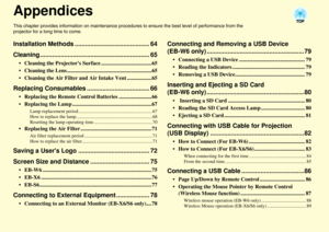 Page 62
AppendicesThis chapter provides information on maintenance procedures to ensure the  best level of performance from the 
projector for a long time to come. Installation Methods ........................................... 64
Cleaning................. .............................................. 65
 Cleaning the Projectors Surf ace .....................................65
 Cleaning the Lens ... ...........................................................65
 Cleaning the Air Filter and  Air Intake Vent...
