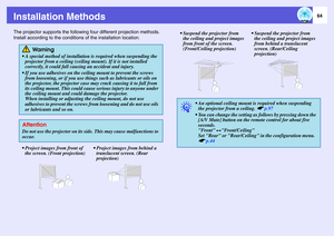 Page 64
64
Installation MethodsThe projector supports the following four different projection methods.  
Install according to th e conditions of the installation location. 
 Wa r n in g
 A special method of in stallation is required when suspending the 
projector from a ceiling (ceiling mount). If it is not installed 
correctly, it could fall causing an accident and injury.
 If you use adhesives on the ceiling mount to prevent the screws  from loosening, or if you use things such as lubricants or oils on 
the...