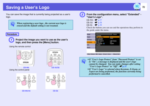 Page 72
72
Saving a Users LogoYou can save the image that is currently being projected as a users 
logo. 
A
Project the image you want to use as the users 
logo, and then pres s the [Menu] button. 
B
From the configuration menu , select Extended - 
Users Logo.EB-W6 sp.37
EB-X6 sp.38
EB-S6 sp.39
Check the buttons you can use and  the operations they perform in 
the guide under the menu.
q
When registering a user logo , the current user logo is 
erased and the default setting is not resumed.
Procedure
Using the...