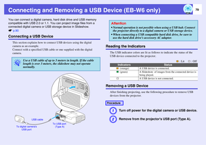 Page 79
79
Connecting and Removing a USB Device (EB-W6 only)You can connect a digital camera, hard disk drive and USB memory 
compatible with USB 2.0 or 1.1.  You can project image files from a 
connected digital camera or USB  storage device in Slideshow.  
s p.90Connecting a USB Device
This section explains how to co nnect USB devices using the digital 
camera as an example. 
Connect with a specified USB cable  or one supplied with the digital 
camera.
Reading the Indicators
The USB indicator colors are lit...