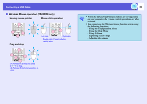 Page 89
Connecting a USB Cable
89
fWireless Mouse operat ion (EB-X6/S6 only)
Moving mouse pointer Mouse click operation
Drag and drop
Double click: Press the button 
rapidly twice.
Left click Right click
(1) Hold down [Enter] and press 
[ ] to drag.
(2) Release [Enter] at any position to 
drop.
q
 When the left and right mouse buttons are set oppositely 
on your computer, the remote control operations are also 
reversed.
 You cannot use the Wireless Mouse function when using  the following functions. 
- Using...