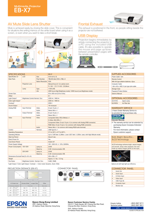 Page 2Projection begins immediately by 
simply connecting the projector to 
a PC using the included USB 
cable. It’s also possible to operate 
the mouse and page up/down 
between presentation pages with 
the remote controller.
Frontal Exhaust
The exhaust is positioned in the front, so people sitting beside the 
projector are not bothered.
USB Display AV Mute Slide Lens Shutter
Mute is achieved easily by closing the slide cover. This is convenient 
for situations like writing memos on the white board when using...