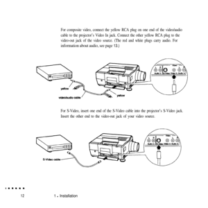 Page 29For composite video, connect the yellow RCA plug on one end of the video/audio
cable to the projector’s Video In jack. Connect the other yellow RCA plug to the
video-out jack of the video source. (The red and white plugs carry audio. For
information about audio, see page 13.)
For S-Video, insert one end of the S-Video cable into the projector’s S-Video jack.
Insert the other end to the video-out jack of your video source.
121 l Installation 