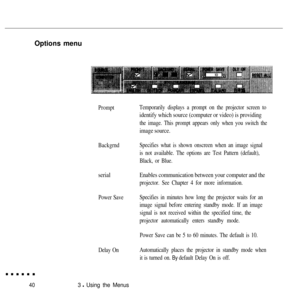 Page 5640Options menu
Prompt
Backgrnd
serial
Power Save
Delay On
3 l Using the Menus
Temporarily displays a prompt on the projector screen to
identify which source (computer or video) is providing
the image. This prompt appears only when you switch the
image source.
Specifies what is shown onscreen when an image signal
is not available. The options are Test Pattern (default),
Black, or Blue.
Enables communication between your computer and the
projector. See Chapter 4 for more information.
Specifies in minutes...