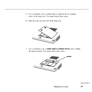 Page 743.Use a screwdriver, coin, or similar object to unloosen the two retaining
screws on the lamp cover. You cannot remove these screws.
4.When the screws are loose, lift off the lamp cover.
5.Use a screwdriver, coin, or similar object to unloosen the two screws holding
the lamp in position. You cannot remove these screws.
Replacing the Lamp 