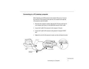 Page 267
Connecting to a PC desktop computer
Before beginning, turn off the projector and computer if they are on. To access
the connectors on the projector, push open the cover located on the right side
of the projector, under the handle.
1. Disconnect the computer’s monitor cable from the VGA port on the back of
your computer and connect it to the MONITOR connector of the Y-cable.
2. Connect the Y-cable’s VGA connector to the computer’s VGA port.
3. Connect the Y-cable’s LCD connector to the projector’s...