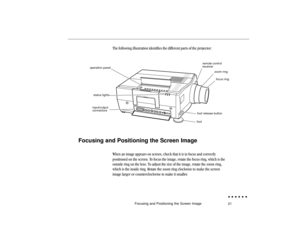 Page 4021 Focusing and Positioning the Screen Image
The following illustration identifies the different parts of the projector:
footfoot release button
status lightsinput/output
connectors
focus ringzoom ring
remote control
receiver
operation panel
Focusing and Positioning the Screen Image
When an image appears on screen, check that it is in focus and correctly
positioned on the screen. To focus the image, rotate the focus ring, which is the
outside ring on the lens. To adjust the size of the image, rotate the...