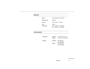 Page 9677
Electrical
Voltage 100-120 VAC and 220-240 VAC
Rated frequency 50/60 Hz
Fuse type 250 V, 6.3A.T., 5 x 20 mm
Power 220 W
consumption 100 - 120 VAC 3.5 A, 50/60 Hz
220 - 240 VAC 1.3 A, 50/60 Hz
ElectricalEnvironmental
Temperature Operation: 41 to 104
o F (5
 to 40
o C)
Storage: 14 to 140
o F (-20 to 60
o C)
Humidity Operation: 20 to 80% RH,
non-condensing
Storage: 10 to 90% RH,
non-condensing
Electrical 