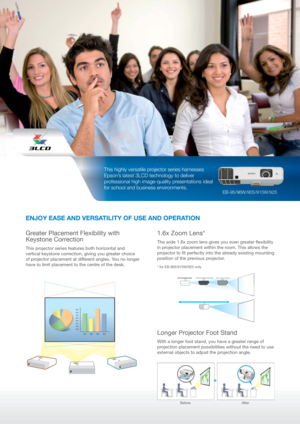 Page 2ENJOY EASE AND VERSATILITY OF USE AND OPERATION
This highly versatile projector series harnesses 
Epson’s latest 3LCD technology to deliver 
professional high image-quality presentations ideal 
for school and business environments.
EB-95/96W/905/915W/925 
Greater Placement Flexibility with 
Keystone Correction
This projector series features both horizontal and 
vertical keystone correction, giving you greater choice 
of projector placement at different angles. You no longer 
have to limit placement to...