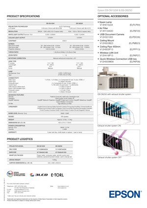 Page 2PRODUCT SPECIFICATIONS
EB-D6250 & EB-D6155W_ds_1GB_06/11
EB-D6155WEB-D6250
PROJECTION TECHNOLOGY
LCD panel 3LCD Technology
 0.59-inch (15mm) with MLA (D8) 0.6
3-inch (16mm) with MLA (D7)
RESOLUTIONWXGA - 1280 x 800 (16:10 aspect ratio) XGA - 1024 x 768 (4:3 aspect ratio)
WHITE LIGHT OUTPUT Normal / Eco 3,500 / 2,800lm4,000 / 3,200lm
COLOUR LIGHT OUTPUT 3,500lm
4,000lm
CONTRAST 2000:1
SCREEN
Size (zoom:wide)
Size (zoom:tele)
Projection distance 29 - 280 inches (0.84 - 8.44m) 
29 - 280 inches (1.39 -...