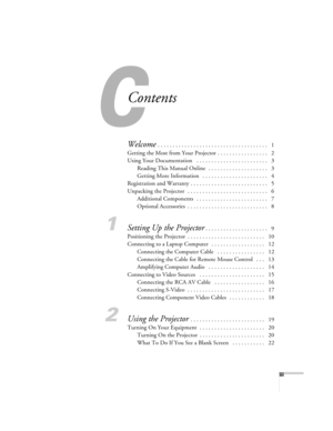 Page 5C
iii
Contents
Welcome . . . . . . . . . . . . . . . . . . . . . . . . . . . . . . . . . . . . .   1
Getting the Most from Your Projector . . . . . . . . . . . . . . . . .   2
Using Your Documentation   . . . . . . . . . . . . . . . . . . . . . . . .   3
Reading This Manual Online  . . . . . . . . . . . . . . . . . . . .   3
Getting More Information   . . . . . . . . . . . . . . . . . . . . . .   4
Registration and Warranty . . . . . . . . . . . . . . . . . . . . . . . . . .   5
Unpacking the Projector...