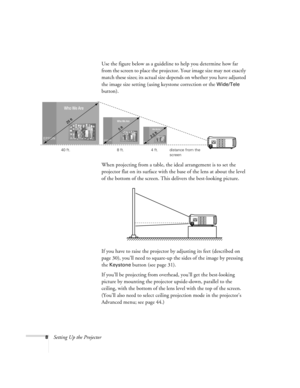 Page 138Setting Up the ProjectorUse the figure below as a guideline to help you determine how far 
from the screen to place the projector. Your image size may not exactly 
match these sizes; its actual size depends on whether you have adjusted 
the image size setting (using keystone correction or the 
Wide/Tele 
button).
When projecting from a table, the ideal arrangement is to set the 
projector flat on its surface with the base of the lens at about the level 
of the bottom of the screen. This delivers the...