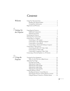 Page 3iii
Contents
WelcomeUsing Your Documentation . . . . . . . . . . . . . . . . . . . . . . . . . . 2
Reading This Manual Online. . . . . . . . . . . . . . . . . . . . . . 2
Getting More Information . . . . . . . . . . . . . . . . . . . . . . . . 3
Registration and Warranty . . . . . . . . . . . . . . . . . . . . . . . . . . . 4
1Setting Up 
the ProjectorUnpacking the Projector . . . . . . . . . . . . . . . . . . . . . . . . . . . . . 5
Additional Components . . . . . . . . . . . . . . . . . . . . . . . . ....