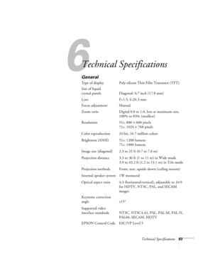 Page 686
Technical Specifications63
Technical Specifications
General
Type of display Poly-silicon Thin Film Transistor (TFT)
Size of liquid
crystal panels Diagonal: 0.7 inch (17.8 mm)
Lens F=1.5, f=26.3 mm
Focus adjustment Manual
Zoom ratio Digital 0.8 to 1.0, lens at maximum size, 
100% to 83% (smallest)
Resolution 51c: 800 × 600 pixels
71c: 1024 × 768 pixels 
Color reproduction 24 bit, 16.7 million colors
Brightness (ANSI) 51c: 1200 lumens 
71c: 1000 lumens
Image size (diagonal) 2.3 to 25 ft (0.7 to 7.6 m)...