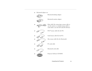 Page 21Unpacking the Projector
13
l
Macintosh adapter set:
Macintosh desktop adapter
Macintosh monitor adapter
l
Main cable (for connecting a mouse cable to
use the remote as a wireless mouse and/or a
serial cable to use the ELP Link III software)
l
PS/2
® mouse cable (for the PC)
l
Serial mouse cable (for the PC)
l
Mac mouse cable (for the Macintosh) 
l
PC serial cable 
l
Macintosh serial cable
l
Projector Software CD ROM
5300.book  Page 13  Tuesday, April 13, 1999  4:19 PM 