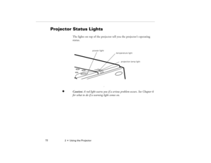 Page 802  •  Using the Projector             72
Projector Status Lights
The lights on top of the projector tell you the projector’s operating 
status.
F
Caution: A red light warns you if a serious problem occurs. See Chapter 6 
for what to do if a warning light comes on.
power light 
temperature light
projection lamp light
5300.book  Page 72  Tuesday, April 13, 1999  4:19 PM 