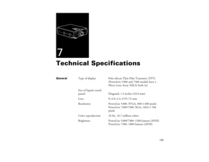 Page 141133
7Technical Specifications General
Type of display Poly-silicon Thin Film Transistor (TFT)
(PowerLite 5300 and 7300 models have a
Micro Lens Array (MLA) built in)
Size of liquid crystal
panels    Diagonal: 1.3 inches (33.6 mm) 
Lens F=2.0–2.3, f=55–72 mm
Resolution PowerLite 5300: SVGA, 800 ´ 600 pixels
PowerLite 7200/7300: XGA, 1024 ´ 768
pixels
Color reproduction 24 bit, 16.7 million colors
Brightness PowerLite 5300/7300: 1200 lumens (ANSI)
PowerLite 7200: 1000 lumens (ANSI)
5300.book  Page 133...