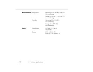 Page 1447  •  Technical Specifications             136
Environmental
Temperature Operating: 41 to 104° F (5 to 40° C),
non-condensing
Storage: 14 to 140° F (–10 to 60° C),
non-condensing
Humidity Operating: 20 to 80% RH, 
non-condensing
Storage: 10 to 90% RH, 
non-condensing
Safety
United States FCC Part 15J Class B
UL1950 Rev. 3
Canada DOC SOR/88-475
CSA C22.2 No. 950 Rev. 3
5300.book  Page 136  Tuesday, April 13, 1999  4:19 PM 