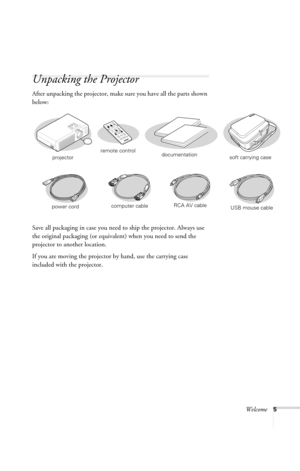 Page 11Welcome5
Unpacking the Projector 
After unpacking the projector, make sure you have all the parts shown 
below:
Save all packaging in case you need to ship the projector. Always use 
the original packaging (or equivalent) when you need to send the 
projector to another location.
If you are moving the projector by hand, use the carrying case 
included with the projector.
S-Video/Video ComputerMenuA/V Mute
E-ZoomFreezeColor ModePage up
Page downPower
ESC
AutoEnter
projectorremote control
documentation
soft...